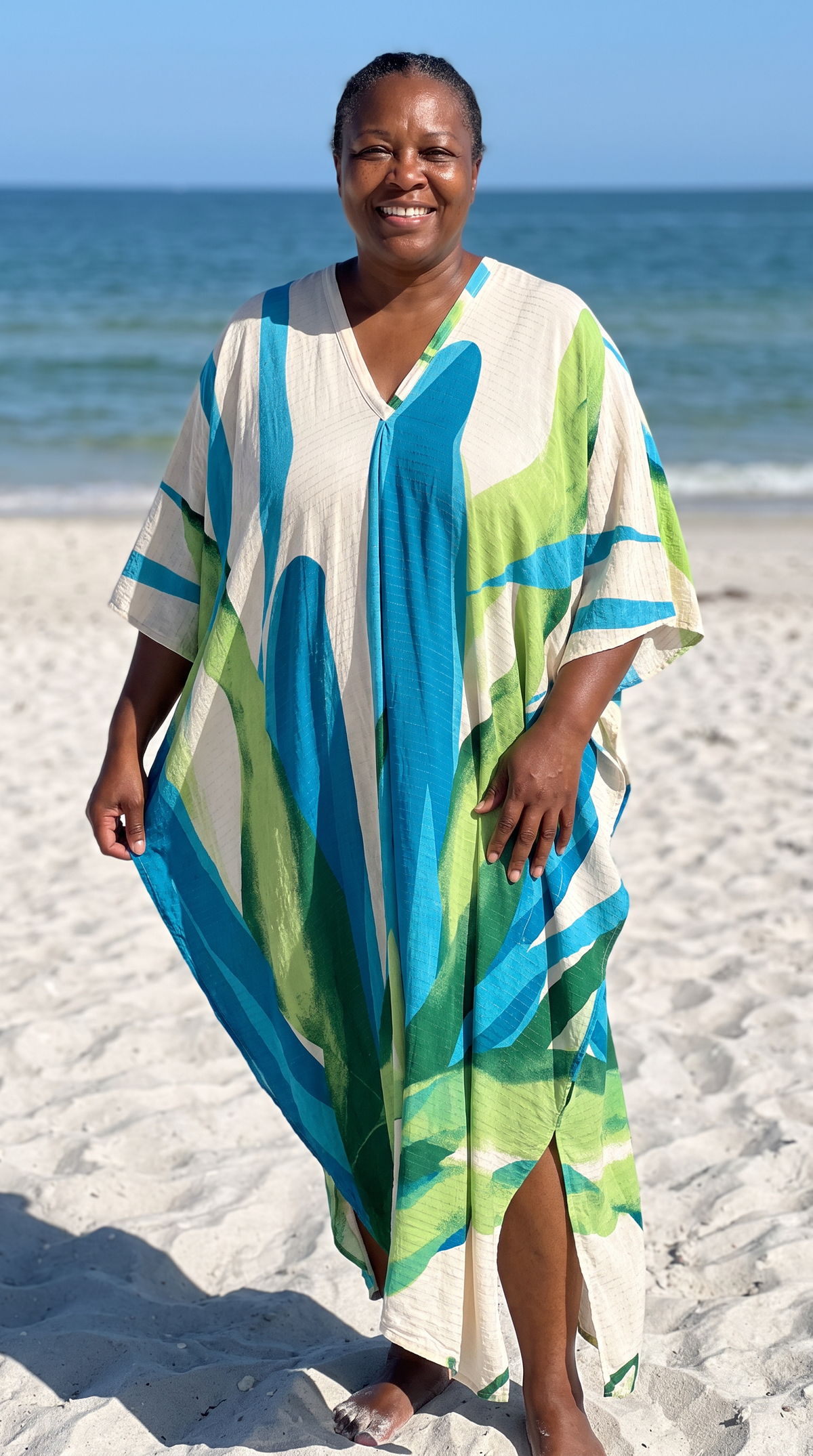 Blue & Green with Gold Thread in the Weave Printed Kaftan
