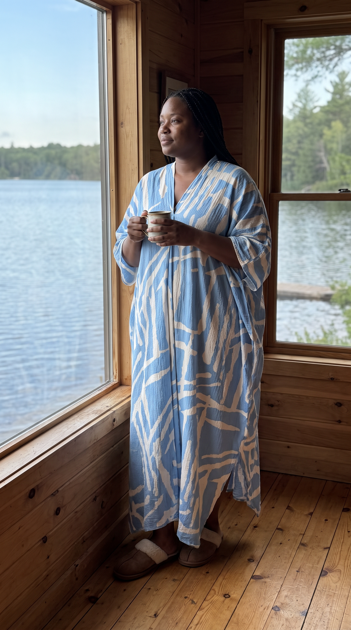 Baby Blue with Gold Thread in the Weave Printed Kaftan