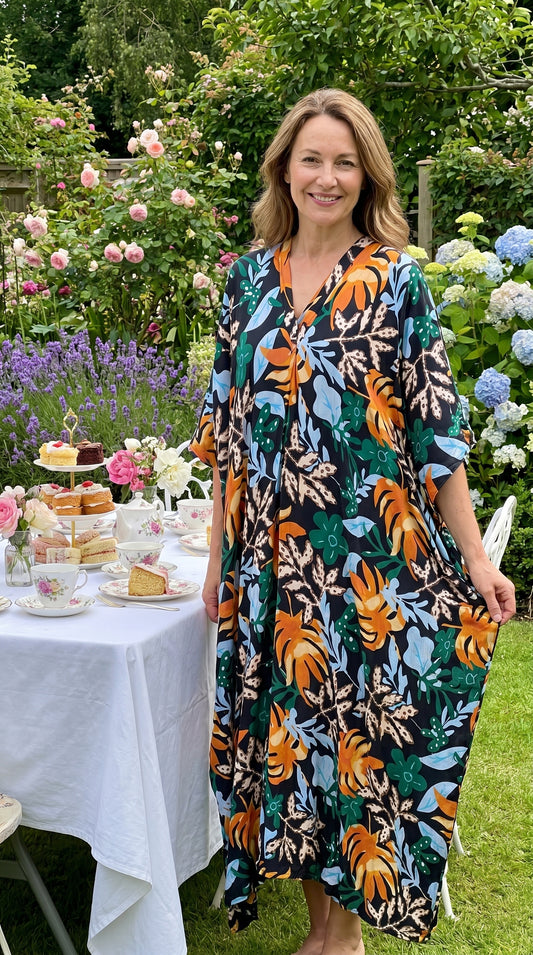 Green, Orange and Black Printed Kaftan