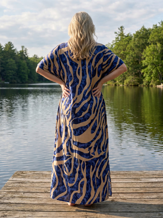 Cobalt Blue and Cream Printed Kaftan