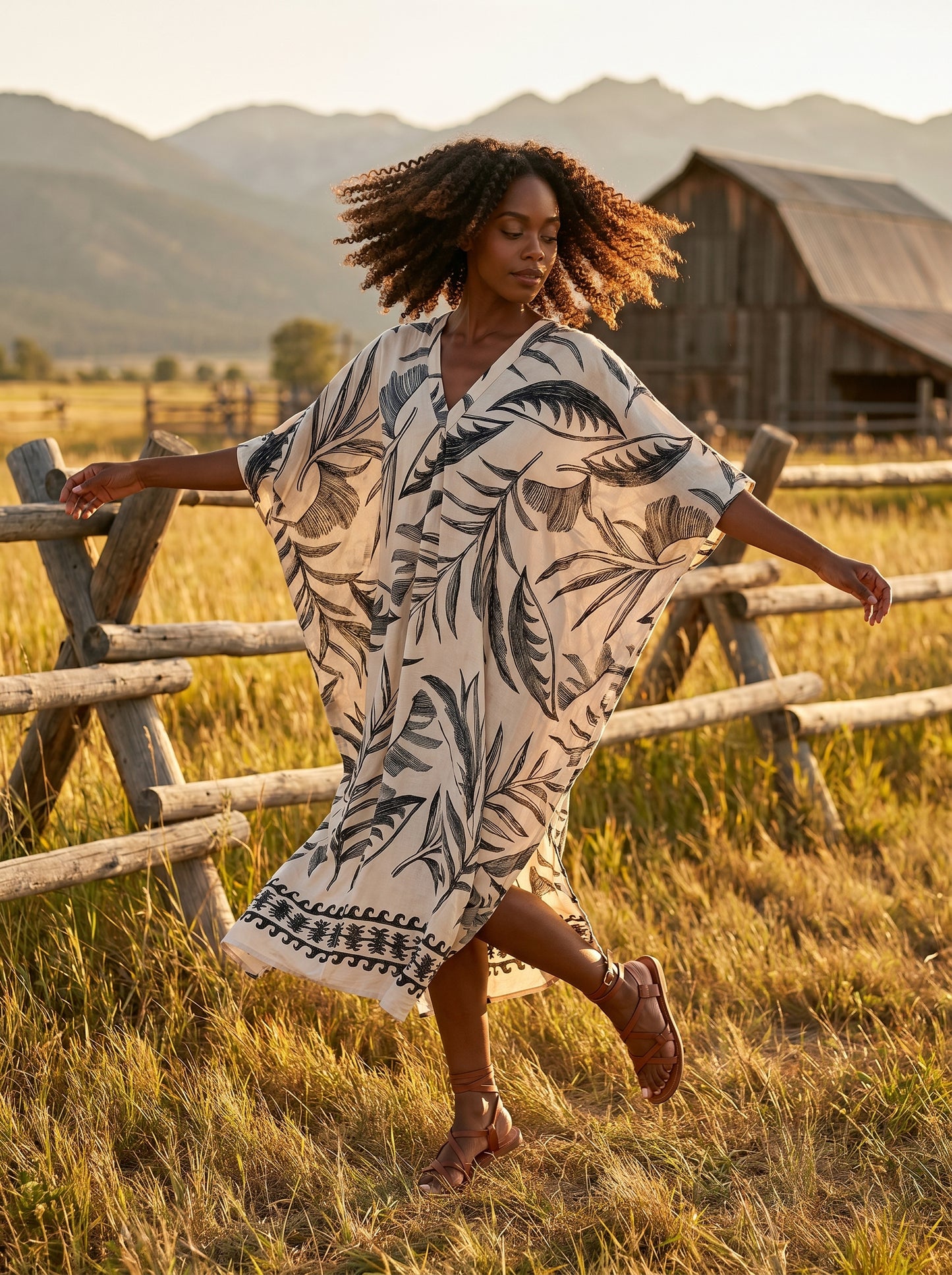 Black and Cream Printed Kaftan