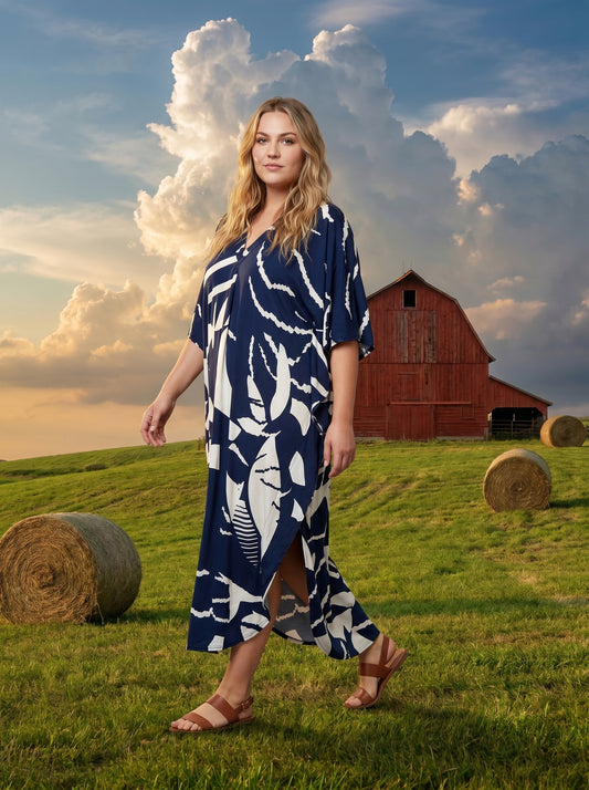 Navy and Cream Printed Kaftan