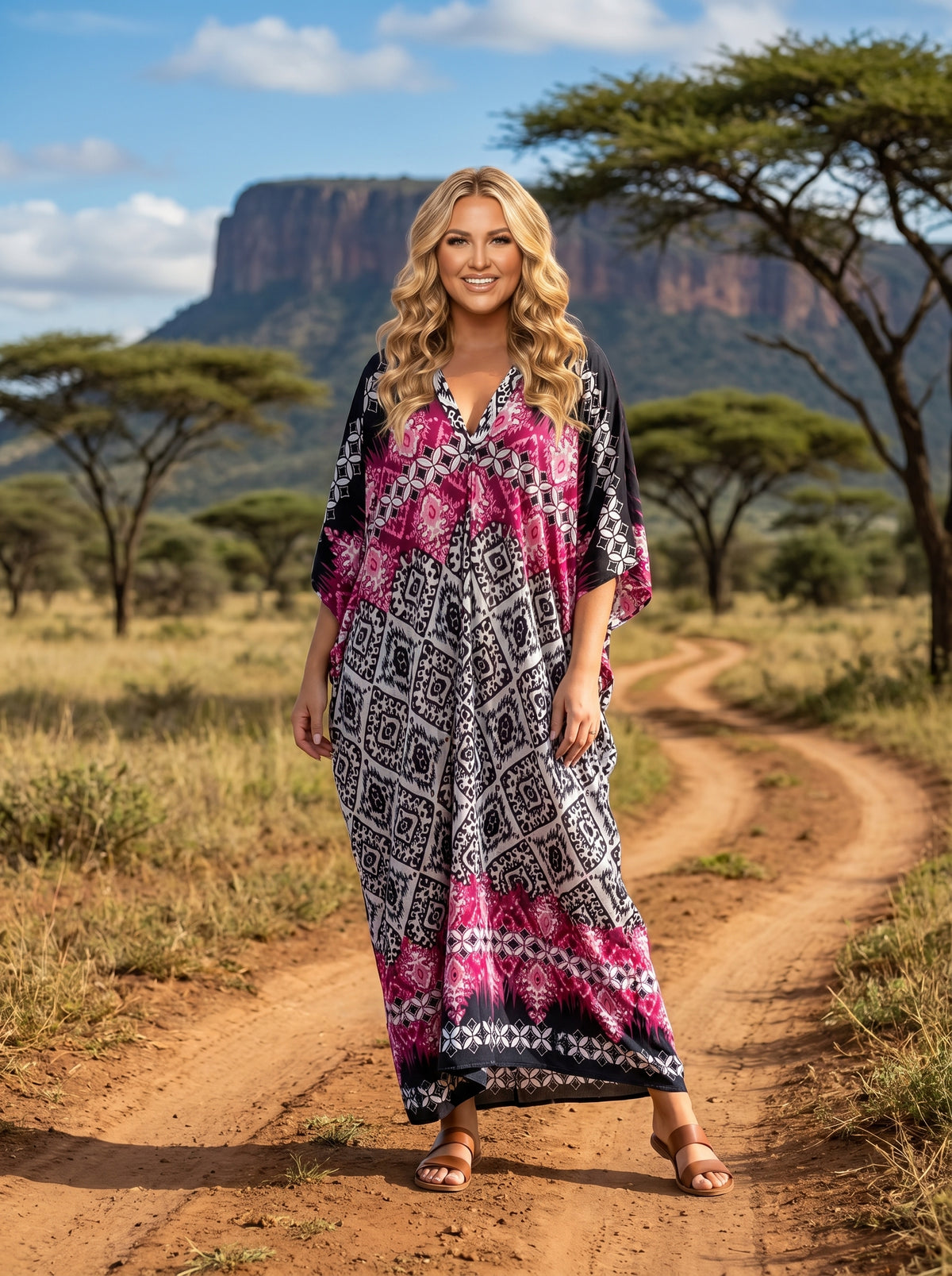 Pink and Black Printed Kaftan