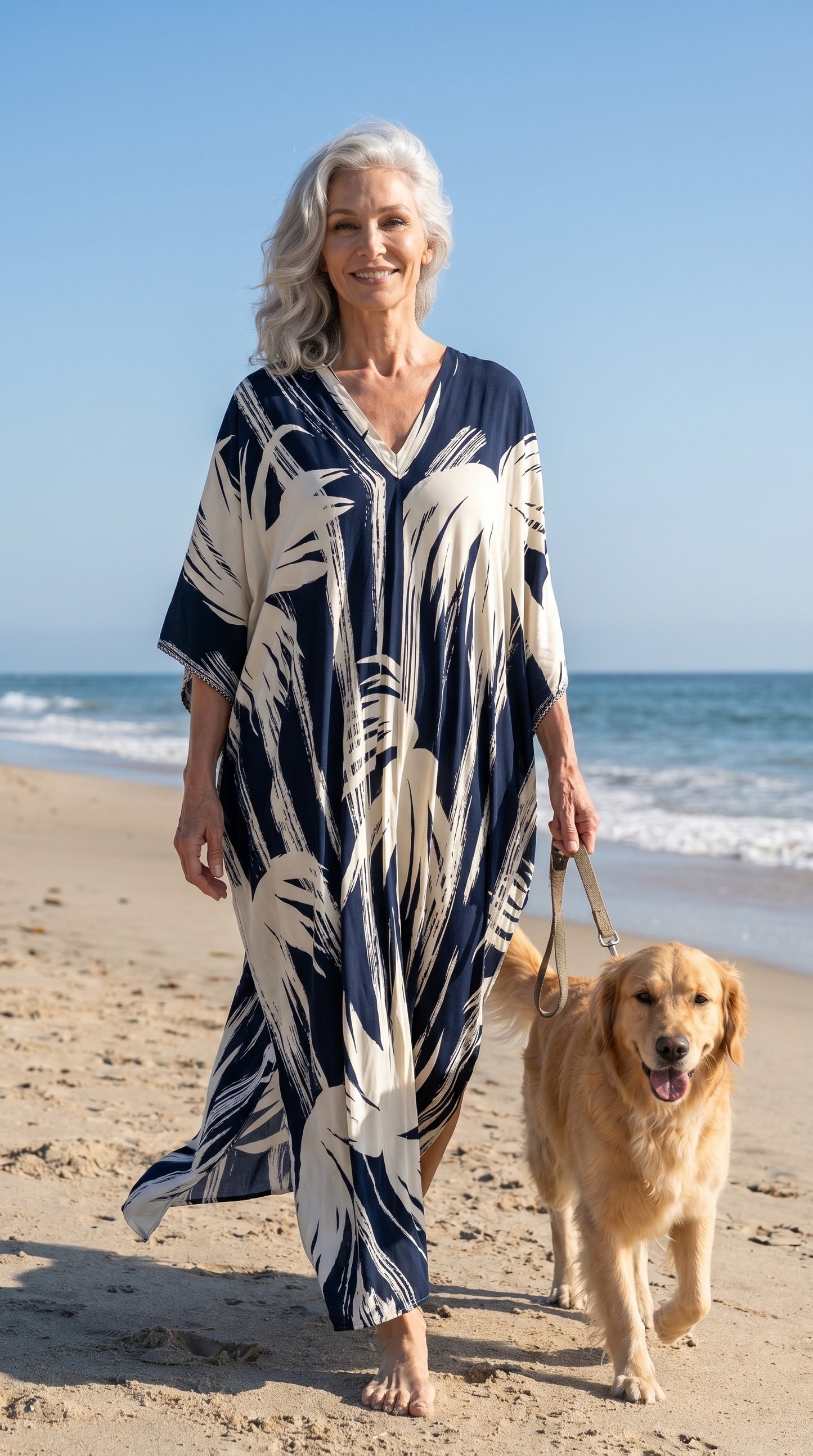 Cream and Navy Printed Kaftan