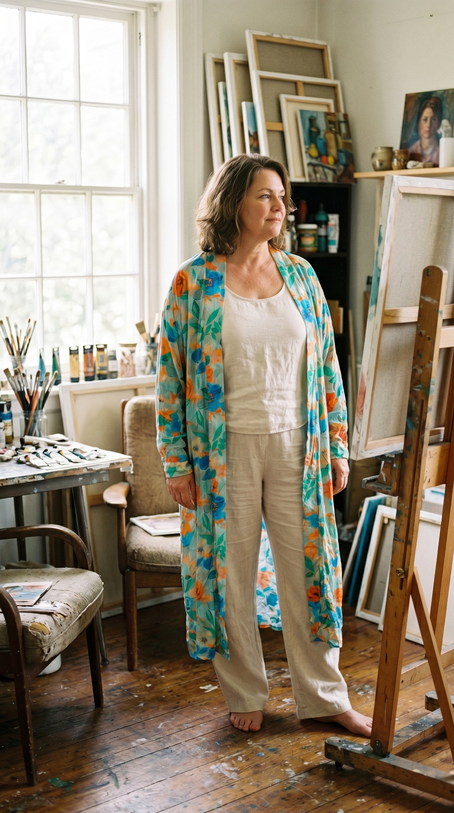 Green, Orange and Blue Floral Detail Printed Kimono