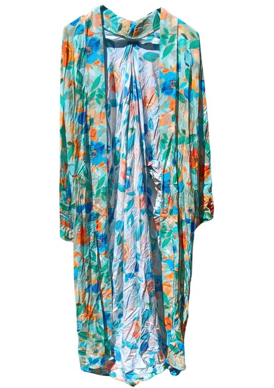 Green, Orange and Blue Floral Detail Printed Kimono