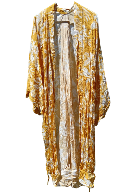Gold Yellow with a Floral Detail Printed Kimono
