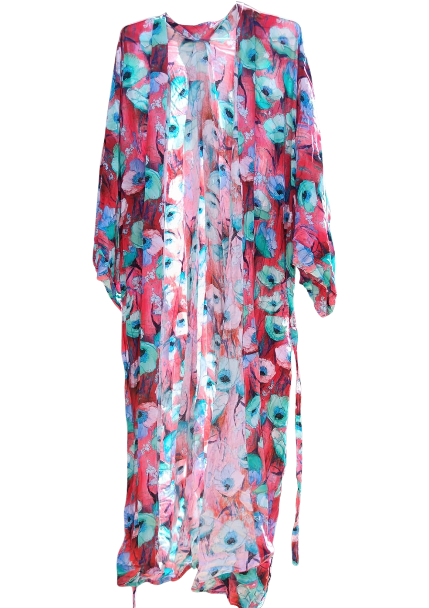 Red with a Turqouise Floral Detail Printed Kimono