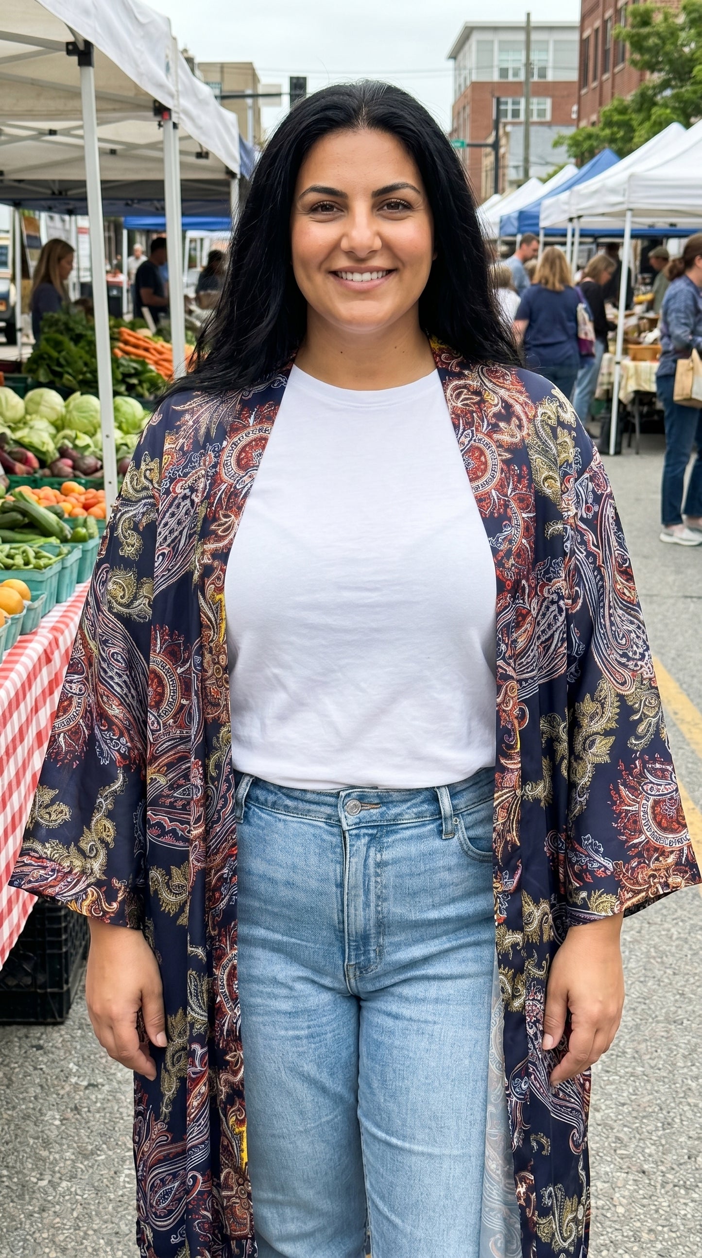 Dark Navy with a Paisley Detail Printed Kimono