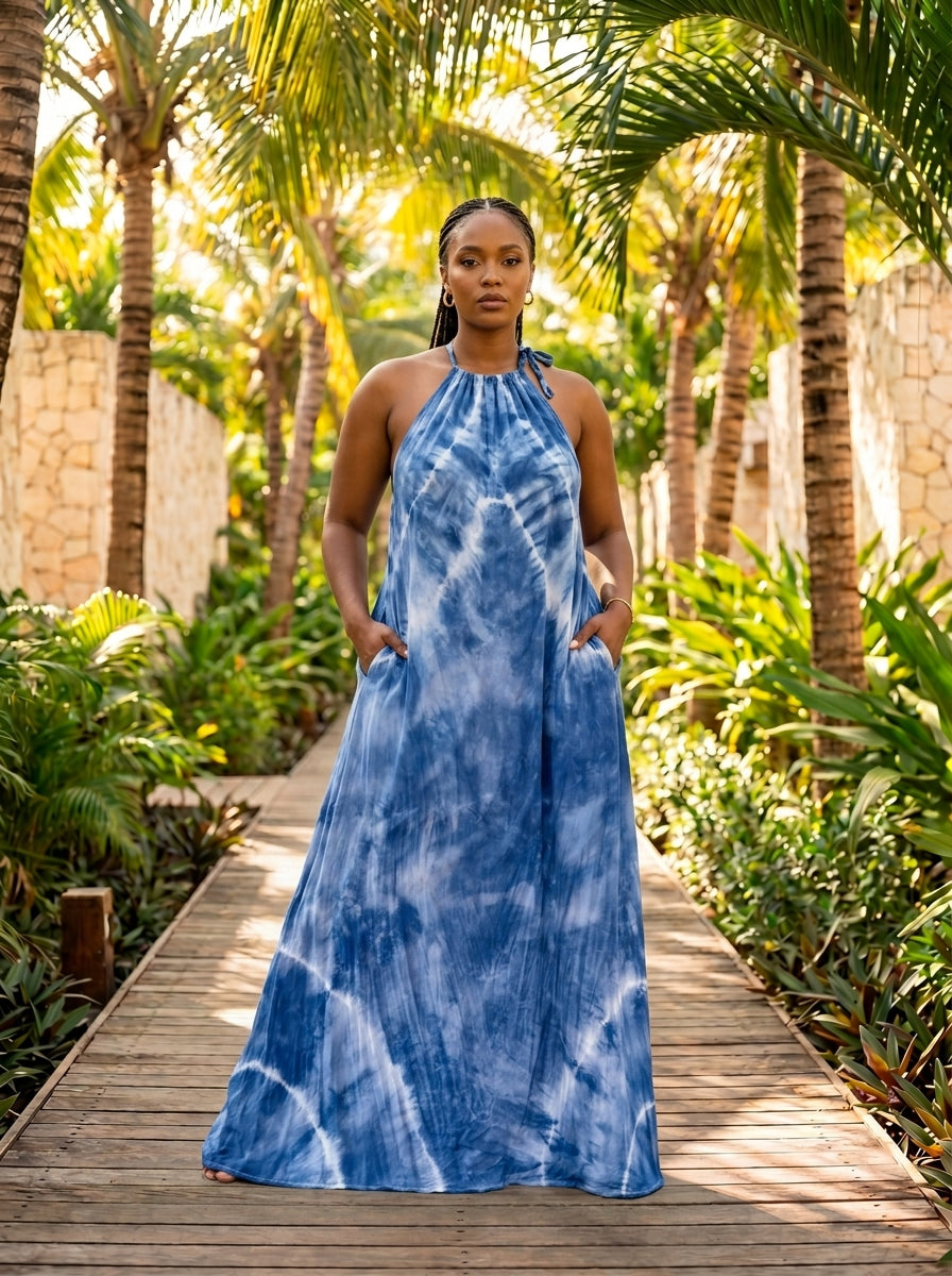 Blue Tie Dyed Maxi Summer Dress