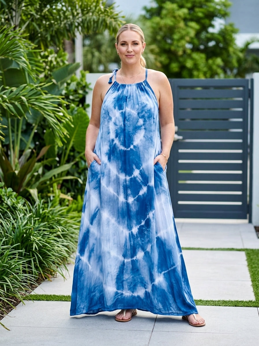 Blue Tie Dyed Maxi Summer Dress