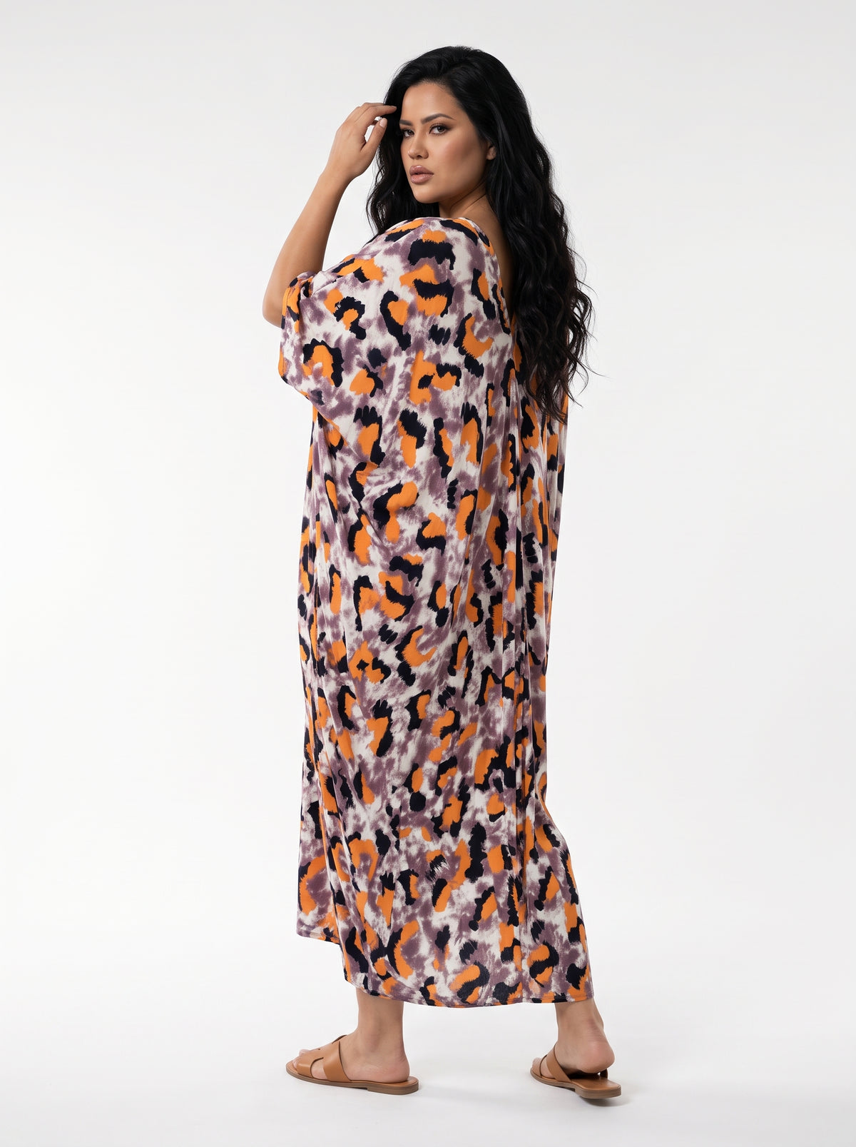 Orange, Black & Pastel Brown Printed Kaftan