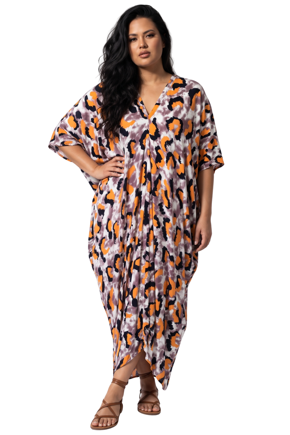 Orange, Black & Pastel Brown Printed Kaftan