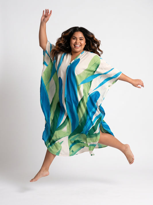 Blue & Green with Gold Thread in the Weave Printed Kaftan