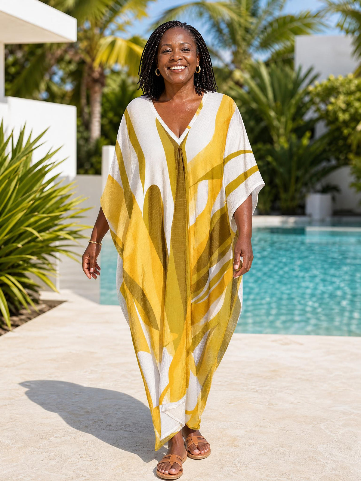 Brown and Mustard with Gold Thread in the Weave Printed Kaftan