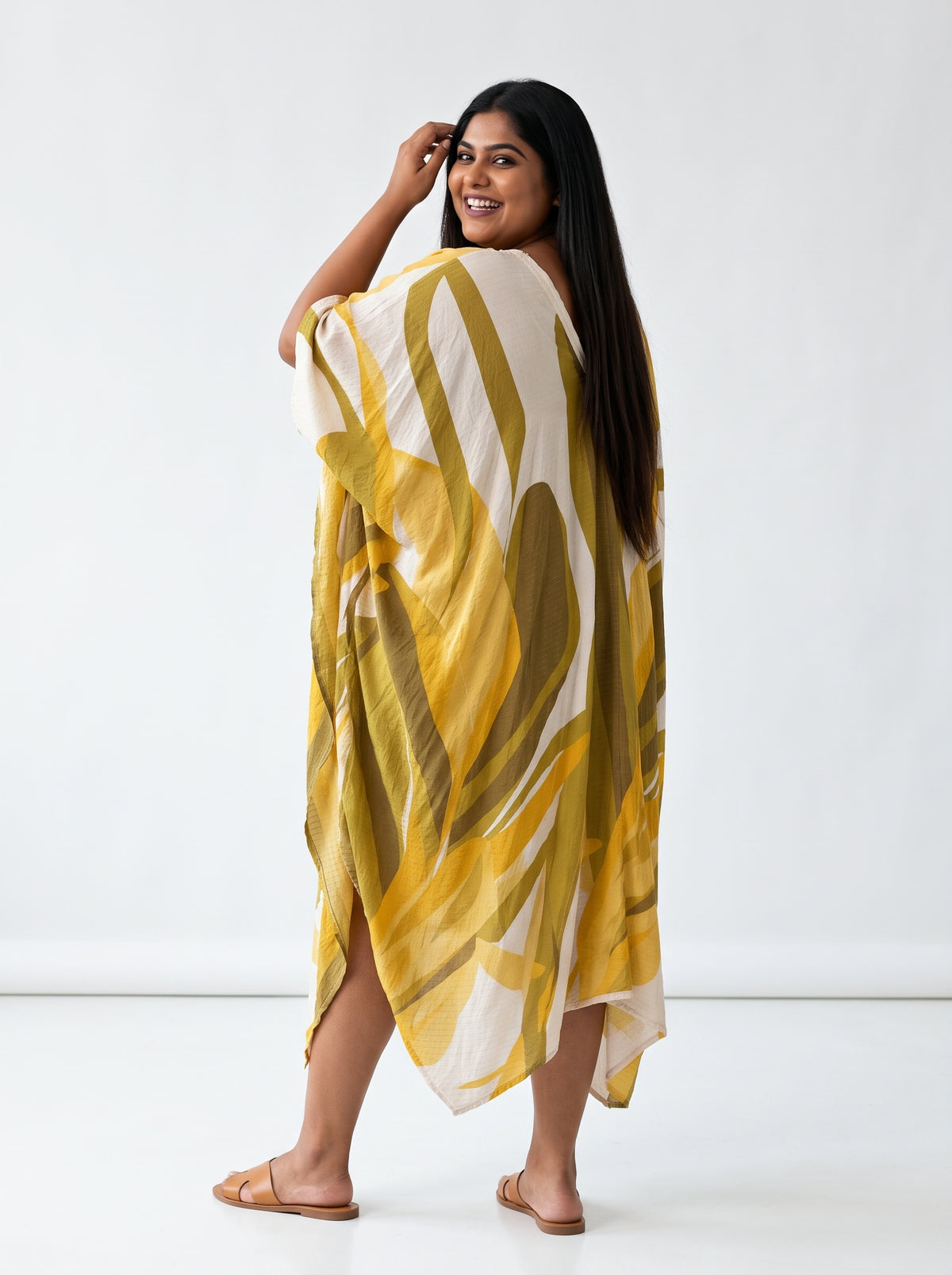 Brown and Mustard with Gold Thread in the Weave Printed Kaftan