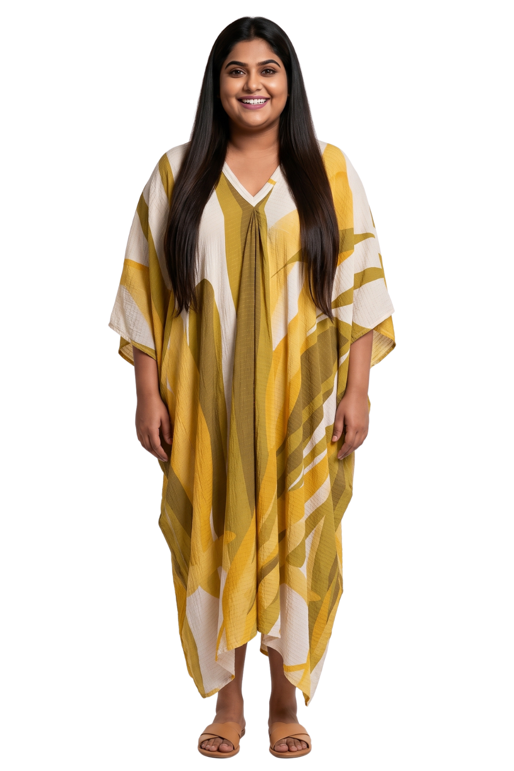 Brown and Mustard with Gold Thread in the Weave Printed Kaftan