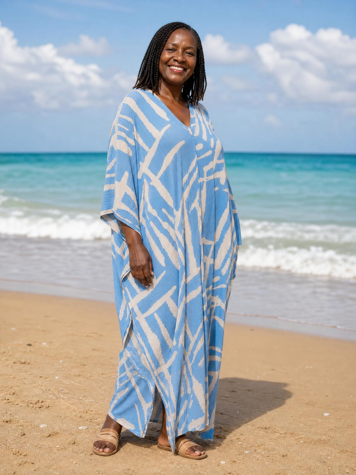 Baby Blue with Gold Thread in the Weave Printed Kaftan