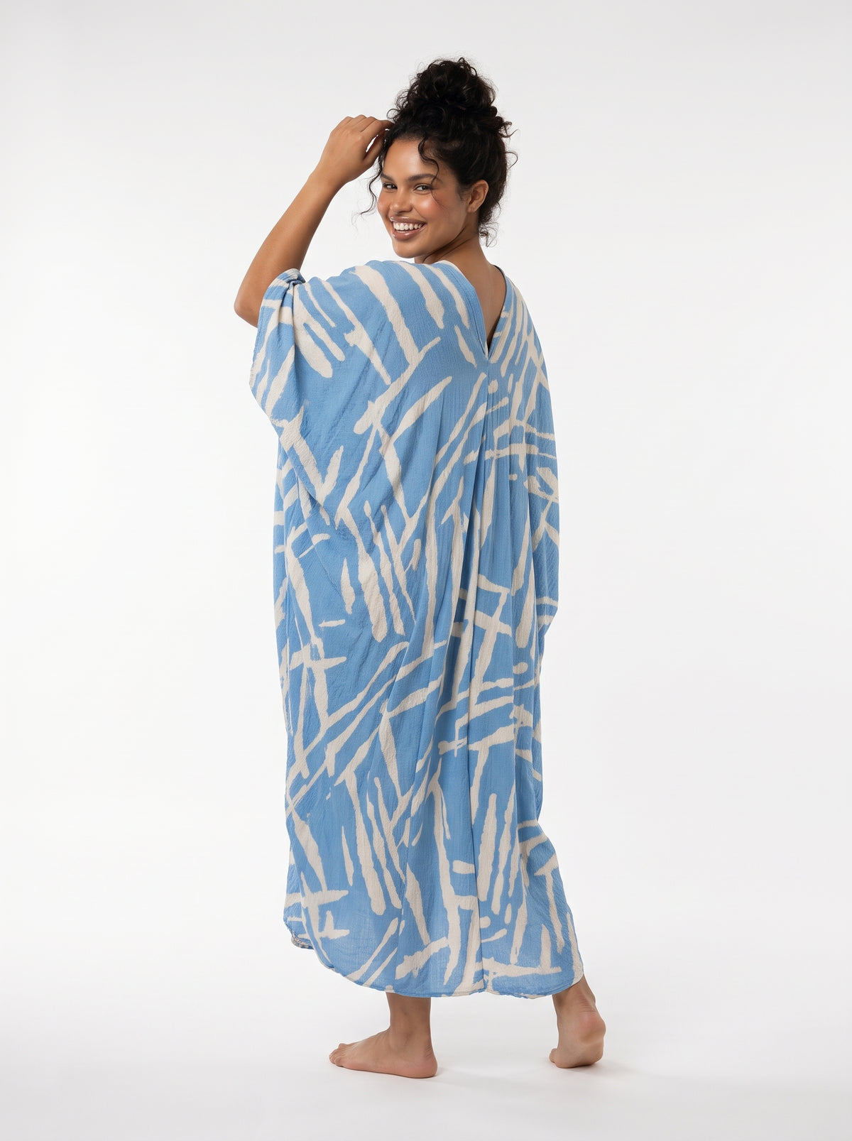 Baby Blue with Gold Thread in the Weave Printed Kaftan