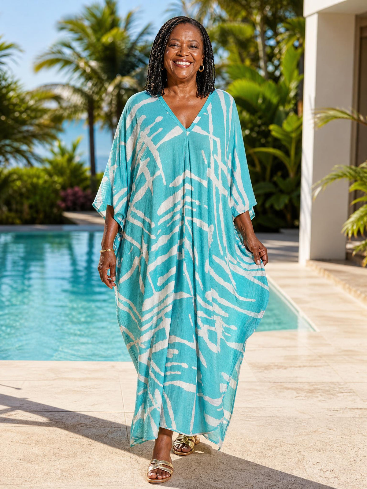 Turquoise with Gold Thread in the Weave Printed Kaftan