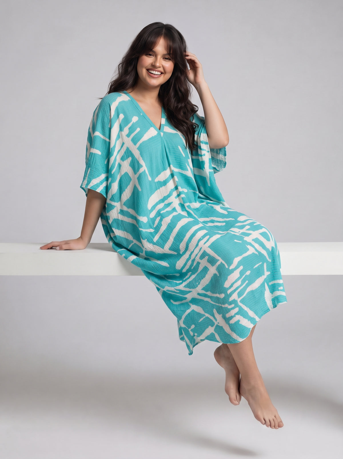 Turquoise with Gold Thread in the Weave Printed Kaftan