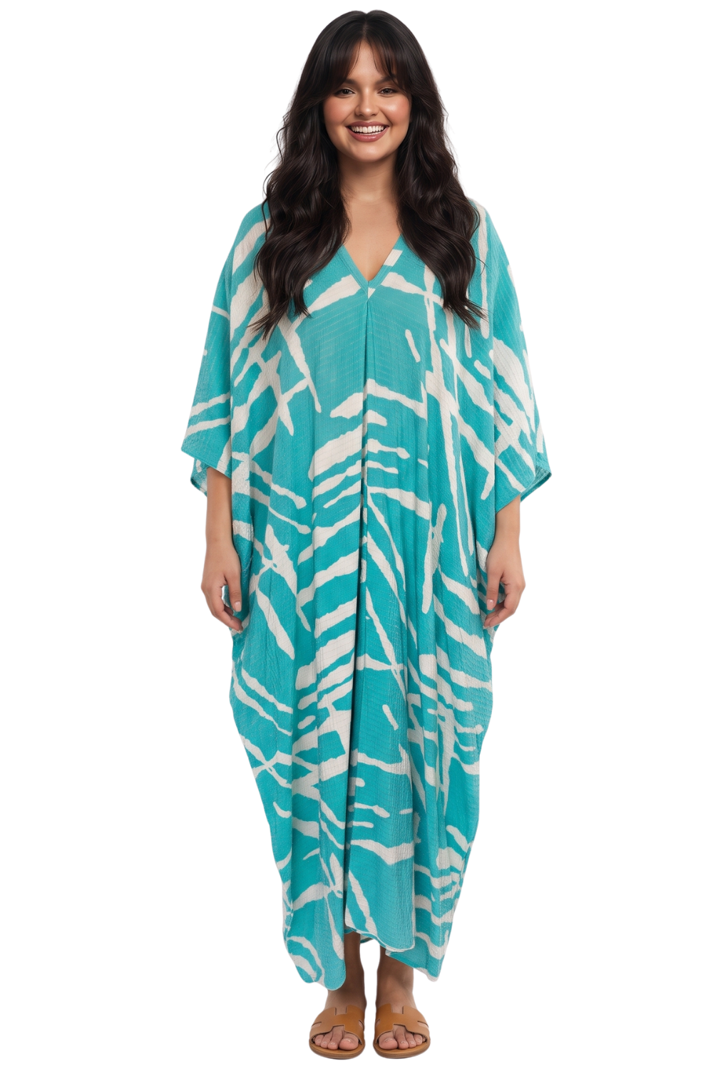 Turquoise with Gold Thread in the Weave Printed Kaftan