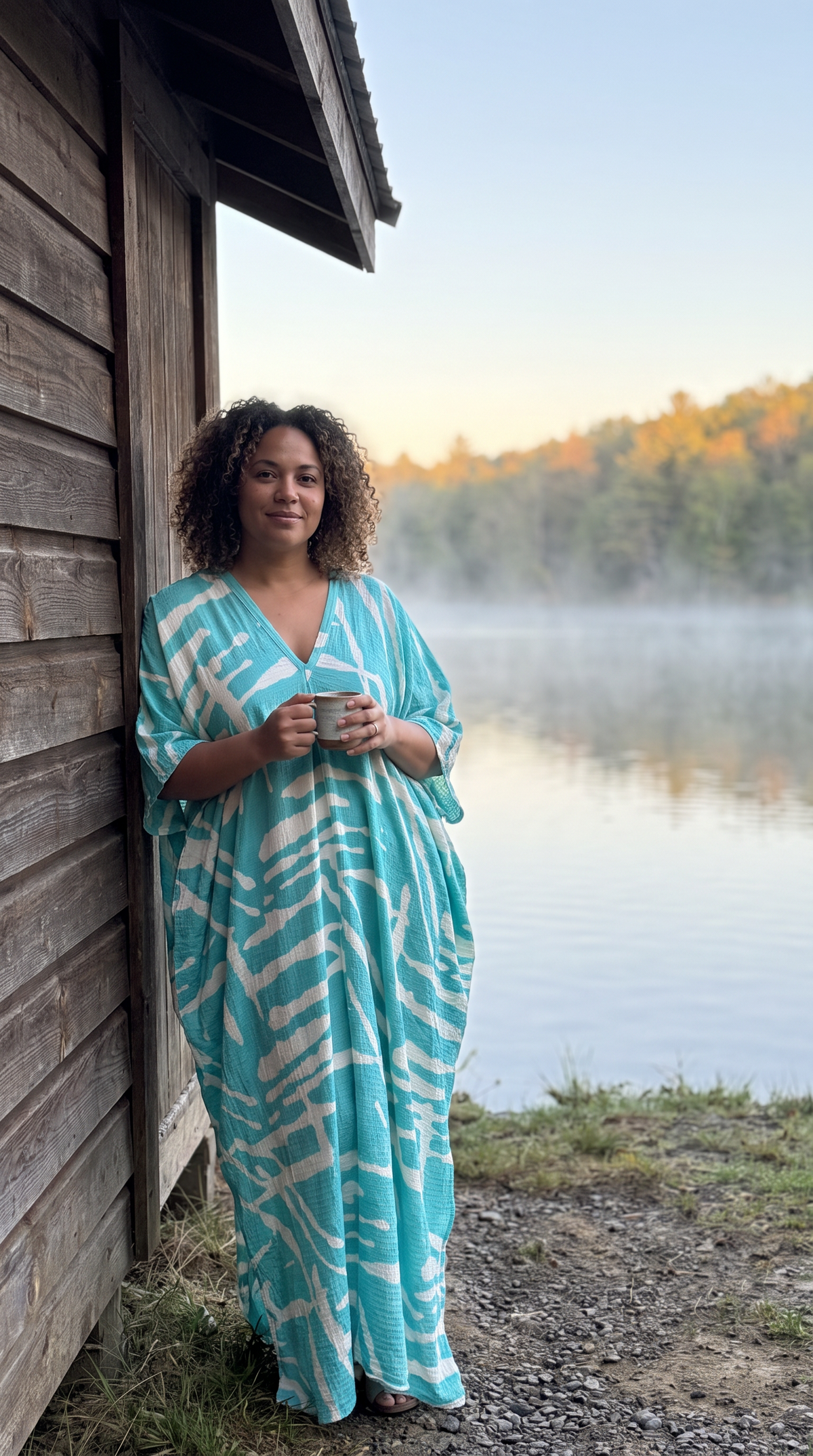 Turquoise with Gold Thread in the Weave Printed Kaftan