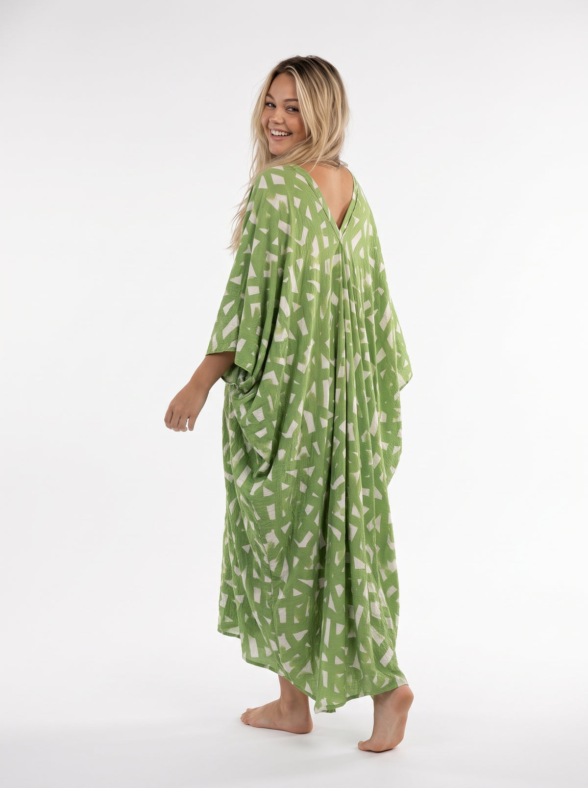 Lime Green with Gold Thread in the Weave Printed Kaftan