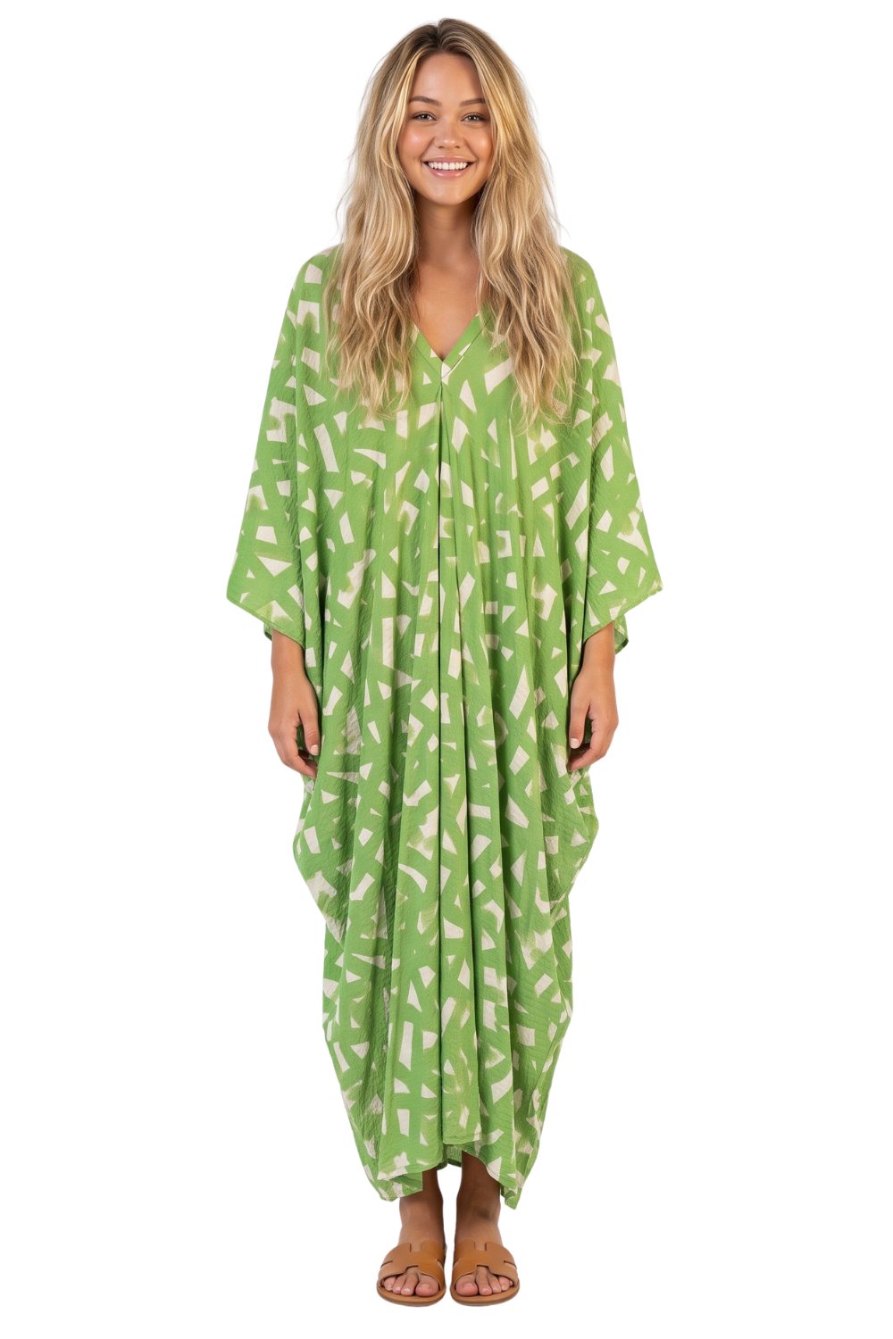 Lime Green with Gold Thread in the Weave Printed Kaftan