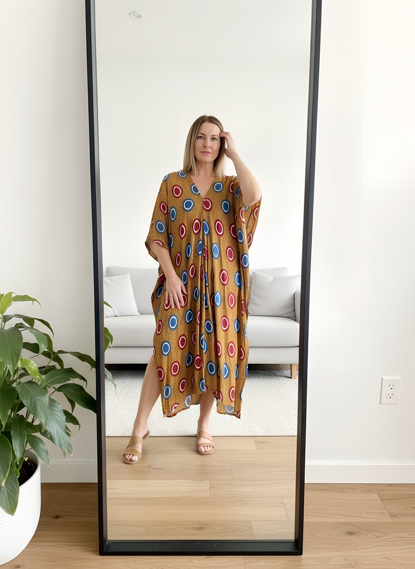 Blue, Red and Mustard Printed Kaftan