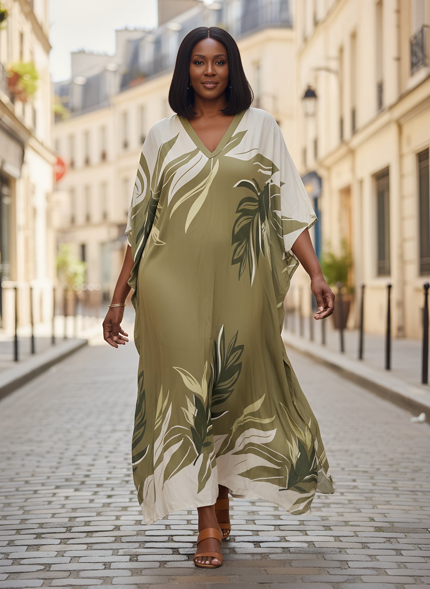 Olive Green Printed Kaftan