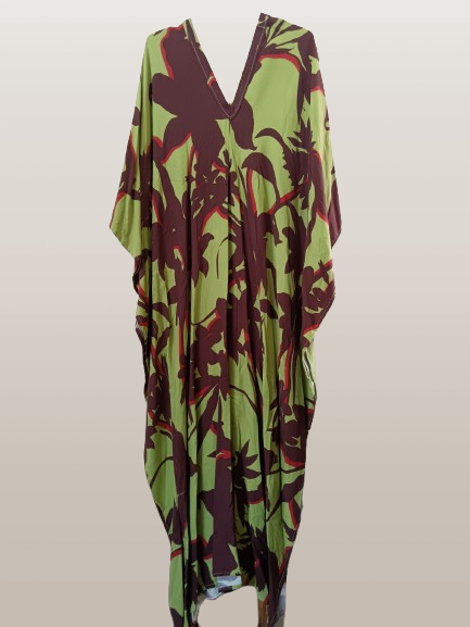 Lime Green and Brown Printed Kaftan