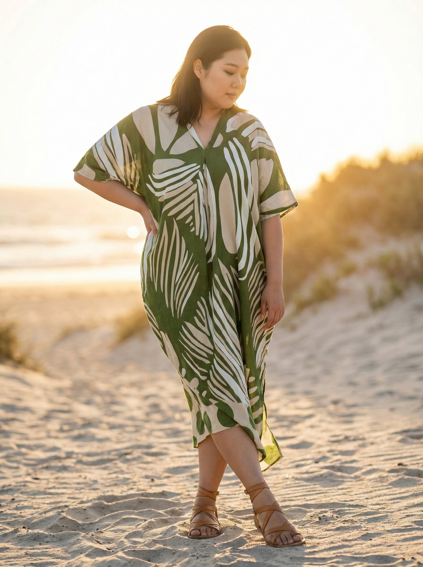 Moss Green and Cream Printed Kaftan