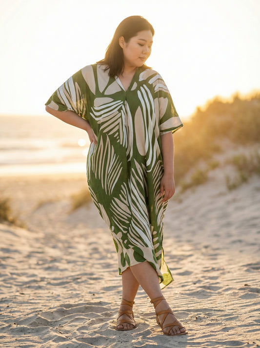 Moss Green and Cream Printed Kaftan