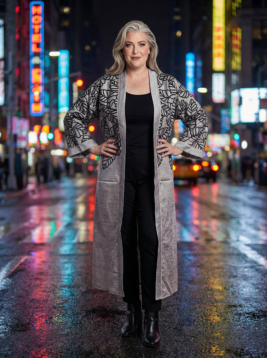 Black Embroidery on Silver, Floral Detail Kimono