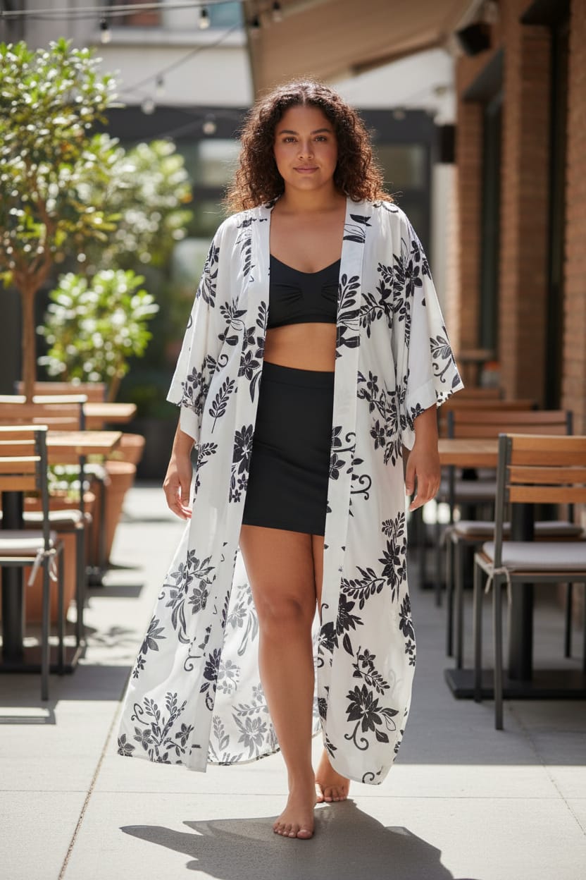 Black and White Floral Detail Printed Kimono