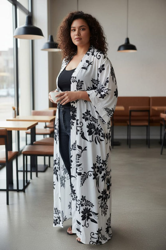 Black and White Floral Detail Printed Kimono