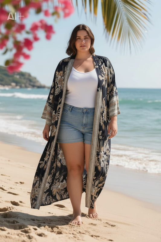 Dark Blue with a Floral Detail Printed Kimono