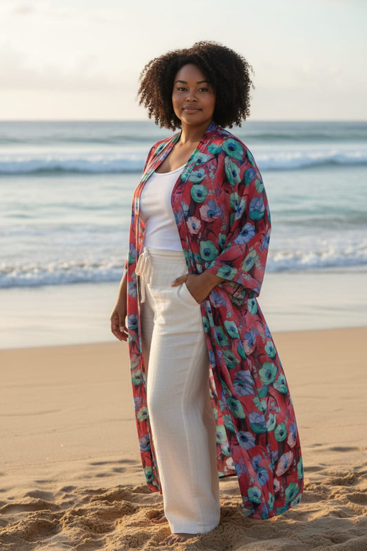 Red with a Turqouise Floral Detail Printed Kimono