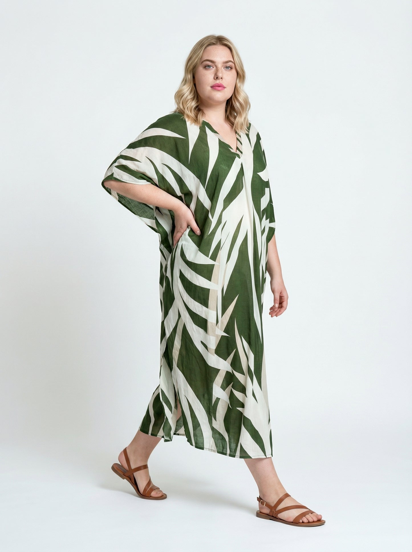 Moss Green and Cream Printed Kaftan