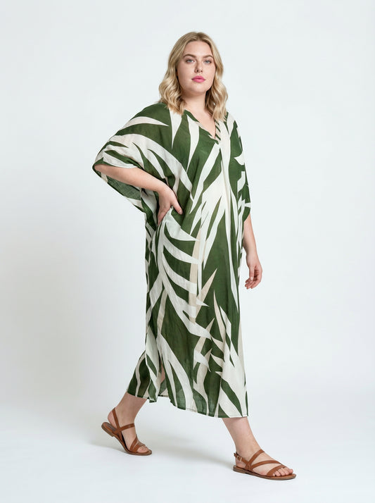Moss Green and Cream Printed Kaftan