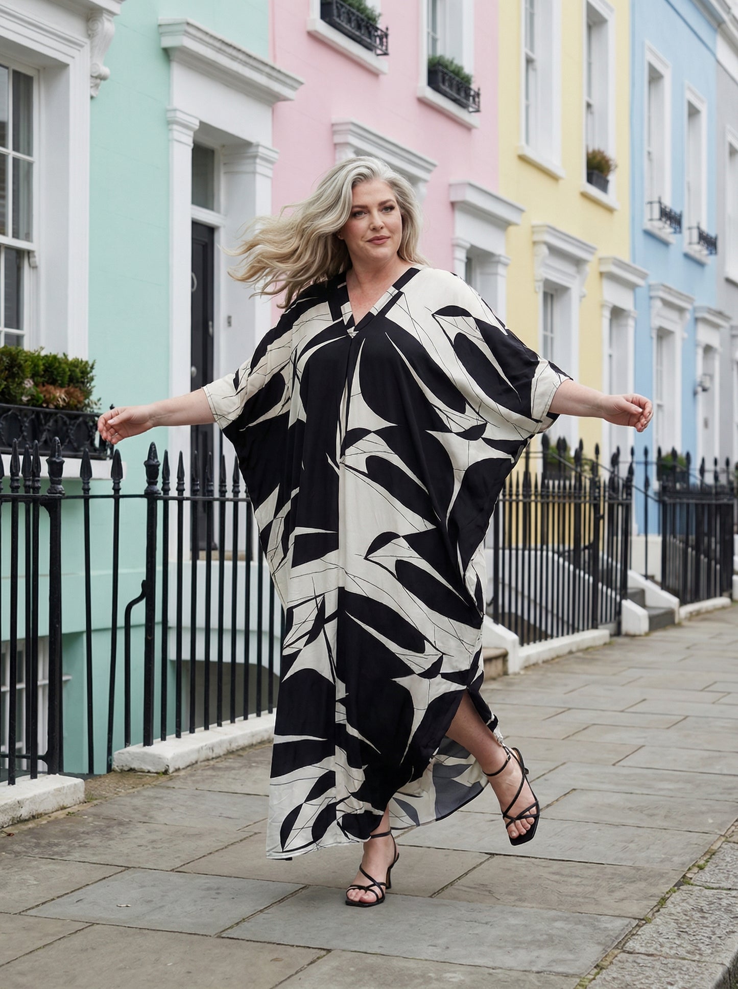 Cream and Black Printed Kaftan