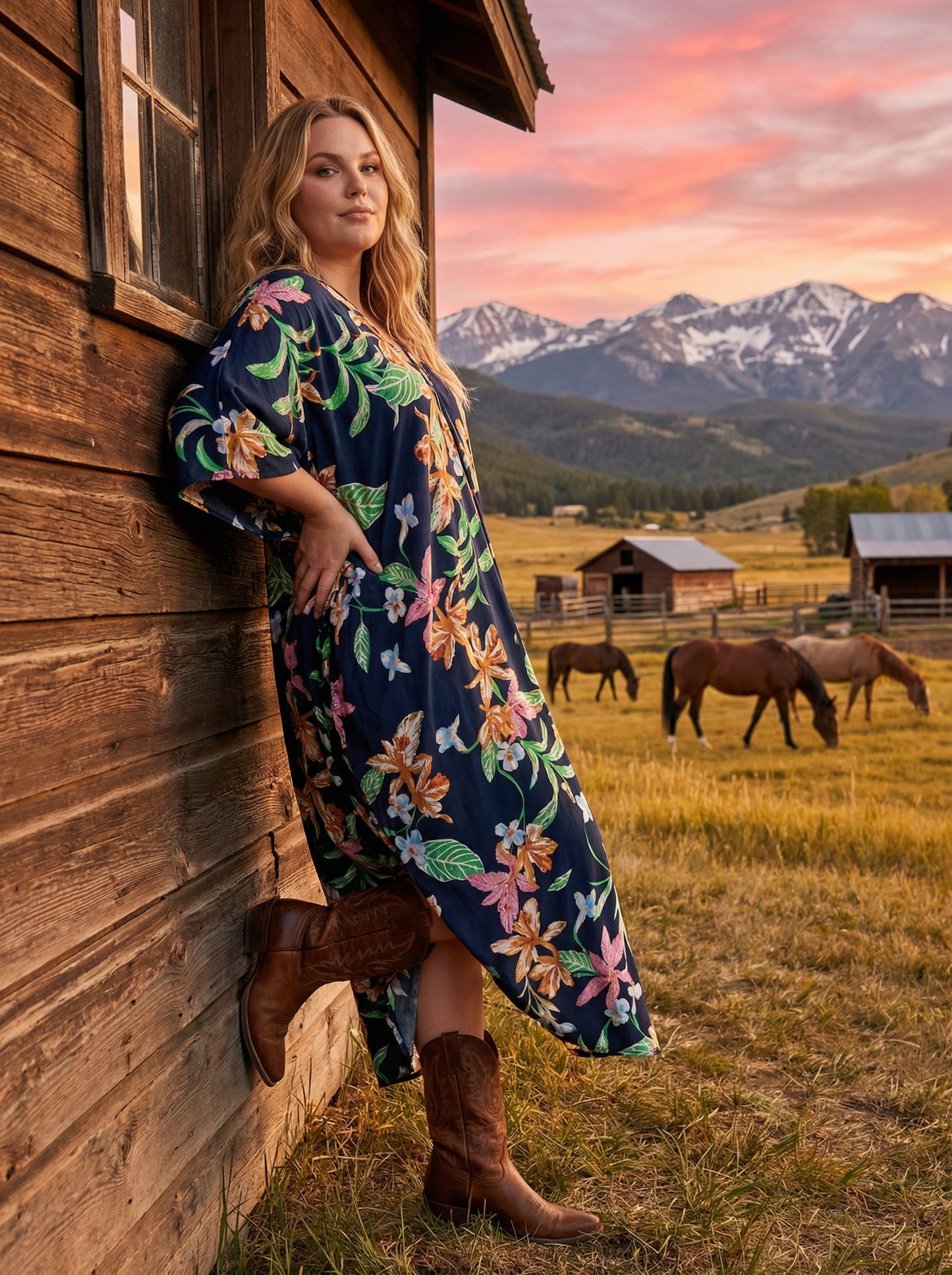 Floral & Navy Printed Kaftan